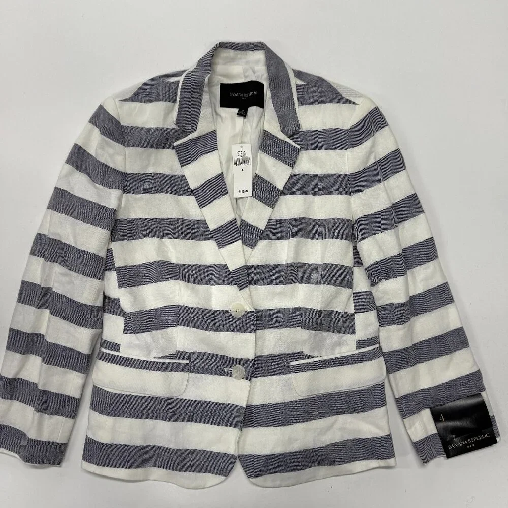 Banana‎ Republic Blazer Womens Sz 4 Gray Stripe NWT Linen Blend Career Work